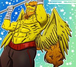 Size: 1920x1692 | Tagged: source needed, useless source url, safe, alternate character, alternate version, artist:theking_salt, pegasus, anthro, abs, beard, chest fluff, clothes, commission, facial hair, gritted teeth, male, male nipples, muscles, nipples, nudity, partial nudity, pullup, sexy, strong, topless, workout, ych result