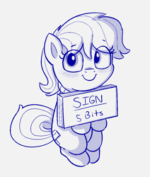 Size: 848x998 | Tagged: safe, artist:heretichesh, oc, oc only, earth pony, pony, blushing, female, filly, monochrome, not mrs. harshwhinny, sign, simple background, sitting, smiling, solo, text