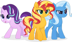 Size: 7100x4111 | Tagged: safe, artist:inaactive, starlight glimmer, sunset shimmer, trixie, pony, unicorn, g4, absurd resolution, female, magical trio, mare, movie accurate, simple background, transparent background, trio, vector