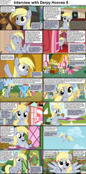 Size: 1282x2590 | Tagged: safe, artist:agrol, cloud kicker, derpy hooves, dizzy twister, merry may, minuette, orange swirl, pinkie pie, rainbow dash, earth pony, pegasus, pony, comic:celestia's servant interview, everypony plays sports games, g4, background pony, caption, cs captions, cute, dartboard, derpabetes, diapinkes, female, food, holding, interview, looking at you, mare, market stall, muffin, ponyville