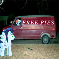 Size: 600x600 | Tagged: safe, anonymous editor, artist:chainchomp2 edits, artist:dashiesparkle, edit, vector edit, rainbow dash, soarin', pegasus, pony, g4, female, free candy, irl, male, meme, photo, pie, ponies in real life, rape van, real life background, seems legit, spread wings, text, that pony sure does love pies, this will end in snu snu, this will end in tears and/or death, this will not end well, truck, wingboner, wings