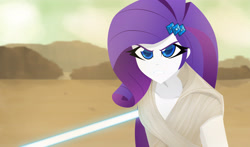 Size: 4448x2622 | Tagged: safe, artist:xan-gelx, rarity, equestria girls, g4, clothes, colored pupils, commission, cosplay, costume, crossover, high res, lightsaber, rey, solo, star wars, weapon