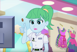 Size: 939x630 | Tagged: safe, screencap, sweet smoothie, equestria girls, equestria girls specials, g4, my little pony equestria girls: better together, my little pony equestria girls: spring breakdown, coin, coin flipping, cruise crew, cruise ship, cruise ship staff, female, money