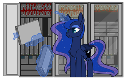 Size: 3128x2000 | Tagged: safe, artist:dacaoo, princess luna, alicorn, pony, g4, chest fluff, commission, computer, high res, magic, server, solo, telekinesis, wires