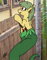 Size: 1590x2041 | Tagged: safe, artist:shappy the lamia, edit, oc, oc only, oc:shappy, hybrid, lamia, original species, semi-anthro, arm hooves, bamboo, chibi, curiosity, curious, cute, fangs, fence, house, neighborhood, neighbors, palm tree, photo, realistic, scales, slit pupils, snake eyes, snake tail, solo, spy, spying, tree, window