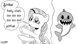 Size: 1200x675 | Tagged: safe, artist:pony-berserker, fluttershy, pegasus, pony, shark, pony-berserker's twitter sketches, g4, baby shark, duo, female, folded wings, frog (hoof), grayscale, looking at you, mare, monochrome, music notes, open mouth, singing, speech bubble, underhoof, wings