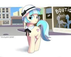 Size: 883x711 | Tagged: safe, artist:vinilyart, coco pommel, earth pony, pony, g4, bowtie, cocobetes, cute, female, hat, mannequin, mare, ponyquin, ribbon bow tie, solo