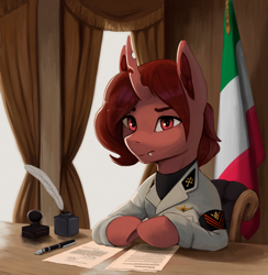 Size: 2866x2936 | Tagged: safe, artist:mrscroup, oc, oc only, oc:red flux, changeling, moth, mothling, original species, chair, clothes, curtains, eyebrows, fangs, flag, frown, high res, inkwell, italian flag, italy, male, military, military uniform, paper, quill, red changeling, sitting, solo, table