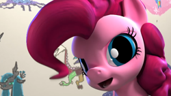 Size: 560x315 | Tagged: safe, screencap, discord, pinkie pie, queen chrysalis, g4, hello pinkie pie, close-up, eye lashes, eyes, open mouth