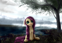 Size: 5000x3500 | Tagged: safe, artist:thatdreamerarts, fluttershy, pegasus, pony, g4, absurd resolution, female, floppy ears, fog, grass, looking at you, mare, outdoors, realistic, river, sitting, solo, tree