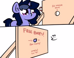 Size: 3250x2560 | Tagged: dead source, safe, artist:php142, oc, oc only, oc:purple flix, pony, unicorn, 2 panel comic, boop, chest fluff, comic, curious, cute, ear fluff, female, high res, mare, ocbetes, question mark, simple background, solo, white background
