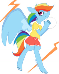Size: 1195x1488 | Tagged: safe, artist:lowname, rainbow dash, pegasus, anthro, unguligrade anthro, g4, abstract background, ball, clothes, female, frown, gym shorts, hoof polish, shirt, shorts, simple background, solo, t-shirt, white background