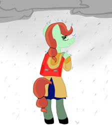 Size: 1325x1482 | Tagged: safe, artist:lowname, oc, oc only, earth pony, anthro, unguligrade anthro, backpack, cloud, earth pony oc, looking back, outdoors, rain, raincoat, solo