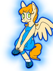 Size: 810x1080 | Tagged: safe, artist:lowname, oc, oc only, pegasus, anthro, unguligrade anthro, abstract background, clothes, looking at you, pegasus oc, shoelace, shoes, solo, wings