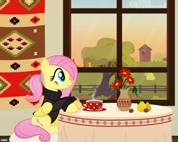 Size: 5000x4000 | Tagged: safe, artist:a4r91n, fluttershy, pegasus, pony, g4, alternate hairstyle, autumn, carpet, clothes, flower, food, fruit, ponytail, sitting, sunset, sweater, sweatershy, table, tea, vase, vector, window