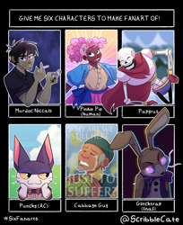 Size: 3897x4782 | Tagged: safe, artist:scribblecate, pinkie pie, cat, human, anthro, g4, animal crossing, animatronic, avatar the last airbender, bone, briefs, bust, cabbage, cabbage merchant, cheek squish, cigarette, clothes, crossover, crying, dark skin, eyes closed, female, five nights at freddy's, food, glitchtrap, glowing eyes, hat, humanized, lighter, male, murdoc niccals, papyrus (undertale), six fanarts, skeleton, smiling, squishy cheeks, undertale, underwear
