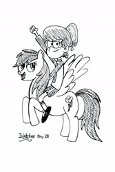 Size: 1201x1802 | Tagged: safe, artist:realgilbertgan, rainbow dash, pegasus, pony, g4, black and white, grayscale, humans riding ponies, inktober, lineart, lynn loud, monochrome, riding, the loud house