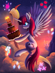 Size: 5000x6632 | Tagged: safe, artist:atlas-66, oc, oc only, oc:fausticorn, alicorn, pony, absurd resolution, cake, candle, canterlot, cloud, cutie mark, ear fluff, female, flying, food, happy birthday mlp:fim, horn, implied mane six, leg fluff, mare, profile, quill pen, scroll, sky, solo, spread wings, wings