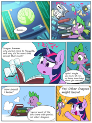 Size: 1200x1600 | Tagged: safe, artist:fuyugi, spike, twilight sparkle, alicorn, dragon, pony, comic:curse and madness, g4, book, comic, library, male, mlpcam, twilight sparkle (alicorn), twilight's castle, twilight's castle library