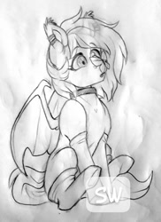 Size: 699x960 | Tagged: safe, artist:silentwolf-oficial, oc, oc only, bat pony, butterfly, pony, bat pony oc, bat wings, choker, clothes, grayscale, lineart, looking up, monochrome, sitting, socks, solo, traditional art, underhoof, watermark, wings
