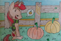 Size: 1180x800 | Tagged: safe, artist:emilz-the-half-demon, oc, oc:pyre quill, pony, unicorn, pumpkin, traditional art