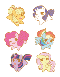 Size: 1840x2372 | Tagged: safe, artist:pitchpatch, applejack, fluttershy, pinkie pie, rainbow dash, rarity, twilight sparkle, earth pony, pegasus, pony, unicorn, g4, chibi, cute, enamel pin, female, mane six, mare, one eye closed, open mouth, simple background, smiling, unicorn twilight, white background, wink