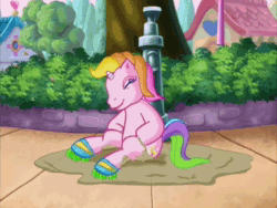 Size: 720x540 | Tagged: source needed, safe, screencap, minty, moondancer (g3), pinkie pie (g3), rainbow dash (g3), rarity (g3), wysteria, earth pony, pony, unicorn, g3, the runaway rainbow, animated, covered in mud, faint, female, filly, mare, mud, roller skates, sound, unamused, webm