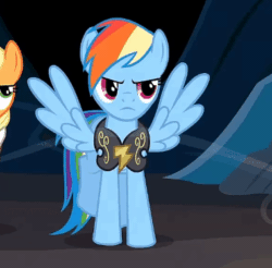 Size: 380x374 | Tagged: safe, screencap, applejack, commander hurricane, rainbow dash, smart cookie, earth pony, pegasus, pony, g4, hearth's warming eve (episode), season 2, angry, animated, armor, cave, cropped, cute, dancing, dashabetes, dust cloud, gif, horses doing horse things, madorable, solo focus, stomping, wind