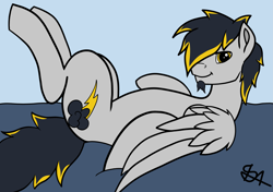 Size: 3471x2447 | Tagged: safe, artist:thunder arch, oc, oc only, oc:thunder arch, pegasus, pony, bed, colored, facial hair, flat colors, goatee, high res, looking at you, lying down, lying on bed, male, on back, on bed, pegasus oc, simple background, smiling, smiling at you, stallion, wings