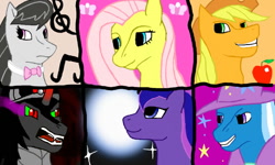 Size: 800x480 | Tagged: safe, artist:vitaminbob, applejack, fluttershy, king sombra, octavia melody, princess luna, trixie, alicorn, earth pony, pegasus, pony, unicorn, g4, bust, cape, clothes, female, hat, male, mare, open mouth, smiling, sombra eyes, stallion, trixie's cape, trixie's hat