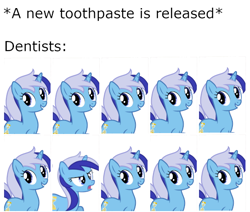 Size: 554x470 | Tagged: safe, minuette, pony, unicorn, g4, angry, dentist, female, grin, happy, mare, meme, one of these things is not like the others, open mouth, simple background, smiling, white background
