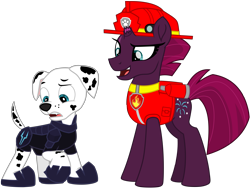 Size: 10187x7651 | Tagged: safe, artist:ejlightning007arts, fizzlepop berrytwist, tempest shadow, dalmatian, dog, pony, unicorn, series:sprglitemplight diary, series:sprglitemplight life jacket days, series:springshadowdrops diary, series:springshadowdrops life jacket days, g4, armor, broken horn, clothes, confused, costume, costume swap, crossover, cute, female, horn, male, mare, marshall (paw patrol), open mouth, paw patrol, simple background, transparent background