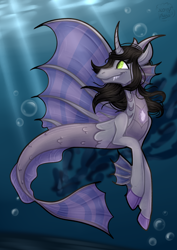 Size: 2894x4093 | Tagged: safe, artist:beerman, siren, commission, curved horn, fangs, fins, fish tail, happy, horn, kellin quinn, male, ponified, scale, sleeping with sirens, solo, underwater