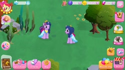 Size: 1280x720 | Tagged: safe, gameloft, apple bloom, glenda, twilight sparkle, urtica, alicorn, pony, g4, clothes, crown, cute, disguise, disguised changeling, dress, female, gem, jewelry, mare, regalia, self ponidox, tree, twiabetes, twilight sparkle (alicorn)