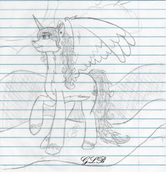 Size: 1135x1178 | Tagged: safe, artist:twin-fan, oc, oc only, alicorn, pony, alicorn oc, female, horn, lineart, lined paper, mare, raised hoof, signature, solo, traditional art, unshorn fetlocks, wings