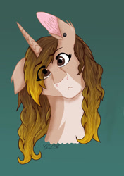 Size: 989x1408 | Tagged: safe, artist:twin-fan, oc, oc only, alicorn, pony, alicorn oc, bust, confused, ear piercing, eye clipping through hair, female, gradient background, horn, mare, piercing, signature, solo