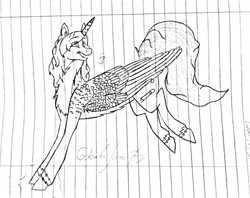 Size: 2071x1642 | Tagged: safe, artist:twin-fan, oc, oc only, alicorn, pony, alicorn oc, female, horn, lineart, lined paper, looking back, looking up, mare, signature, smiling, solo, traditional art, unshorn fetlocks, wings