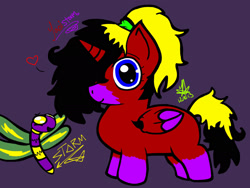 Size: 2048x1536 | Tagged: safe, artist:artmama113, oc, oc only, alicorn, dragonfly, insect, pony, alicorn oc, female, filly, horn, parents:oc x oc, purple background, signature, simple background, smiling, two toned wings, wings