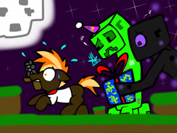 Size: 2048x1536 | Tagged: safe, artist:artmama113, button mash, earth pony, enderman, pony, g4, 2013, colt, creeper, full moon, hat, male, minecraft, moon, mouth hold, night, party hat, present, sad, signature