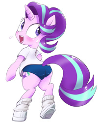 Size: 971x1200 | Tagged: safe, artist:k-nattoh, starlight glimmer, pony, unicorn, g4, bipedal, blushing, butt, clothes, female, glimmer glutes, looking back, mare, plot, shoes, socks, solo