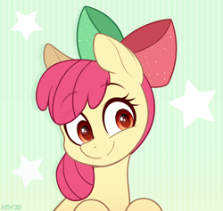 Size: 1500x1420 | Tagged: safe, artist:higgly-chan, apple bloom, earth pony, pony, abstract background, adorabloom, bow, bust, christmas, cute, eye clipping through hair, eyebrows, eyebrows visible through hair, female, filly, hair bow, holiday, smiling, solo, stars