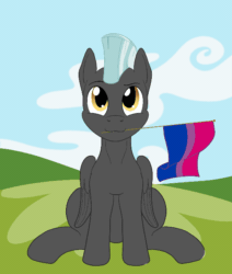 Size: 550x650 | Tagged: safe, artist:sixes&sevens, derpibooru exclusive, thunderlane, pegasus, pony, g4, animated, bisexual pride flag, gif, headcanon, lgbt headcanon, looking at you, male, mouth hold, outdoors, pride, pride flag, sexuality headcanon, solo, stallion, tail wag