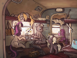 Size: 1440x1080 | Tagged: safe, artist:agm, berry punch, berryshine, bon bon, derpy hooves, dinky hooves, sweetie drops, oc, earth pony, pegasus, pony, unicorn, g4, bag, blank flank, butt, couchette car, cup holder, featured image, female, filly, foal, glowing horn, horn, indoors, interior, levitation, looking at someone, looking out the window, lying down, magic, male, mare, plazcart, plazcart train, plot, post-soviet, radio, saddle bag, sitting, smiling, spoon, stallion, suitcase, table, telekinesis, train, train cabin, unshorn fetlocks, window, wings