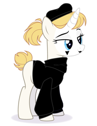 Size: 2341x3025 | Tagged: safe, artist:deko4ka, oc, oc only, oc:golden silence (mime), pony, unicorn, beret, blank flank, clothes, eyeshadow, face paint, female, hat, high res, lipstick, makeup, mare, mime, simple background, solo, sweater, turtleneck, white background
