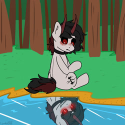 Size: 2000x2000 | Tagged: safe, artist:lowname, oc, oc only, demon, demon pony, original species, commission, frown, glowing eyes, grin, high res, outdoors, pond, reflection, sitting, smiling, ych result