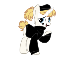 Size: 780x626 | Tagged: safe, artist:deko4ka, oc, oc only, oc:golden silence (mime), pony, unicorn, beret, blank flank, clothes, eyeshadow, face paint, female, hat, lipstick, makeup, mare, mime, open mouth, raised hoof, simple background, solo, sweater, turtleneck, white background