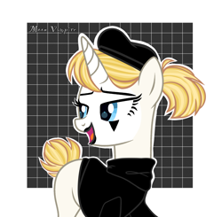 Size: 3522x3453 | Tagged: safe, artist:deko4ka, oc, oc only, oc:golden silence (mime), pony, unicorn, beret, blank flank, clothes, eyeshadow, face paint, female, hat, high res, lipstick, makeup, mare, mime, open mouth, simple background, solo, sweater, turtleneck, white background