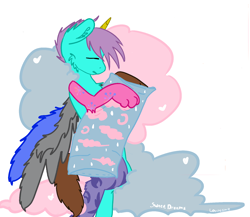 Size: 1732x1500 | Tagged: safe, artist:lowname, oc, oc only, moth, mothpony, original species, pony, commission, eyes closed, hug, pillow, pillow hug, solo, ych result