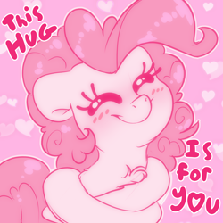 Size: 2000x2000 | Tagged: safe, artist:fluffyxai, pinkie pie, earth pony, pony, g4, blushing, bronybait, chest fluff, cute, daaaaaaaaaaaw, diapinkes, eyes closed, female, fluffy, happy, heart, high res, hug, limited palette, mare, pink, self-hugging, simple background, smiling, solo, text