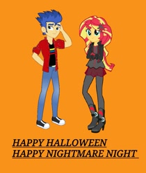 Size: 941x1121 | Tagged: safe, artist:tfsniperboy22, flash sentry, sunset shimmer, equestria girls, g4, converse, female, halloween, holiday, male, nightmare night, ship:flashimmer, shipping, shoes, straight